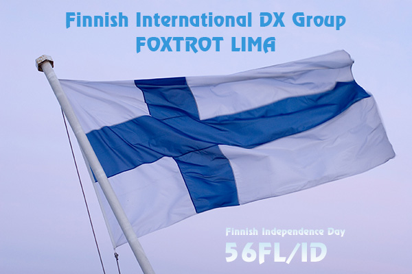 The 56FL/ID QSL card with a Finland flag in the wind
