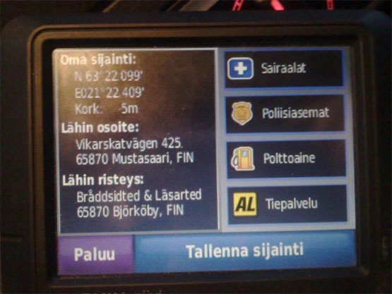 The GPS location on the Björkö island on a car navigator screen