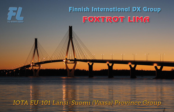 The 56FL/EU101 QSL card with a view of the Raippaluoto bridge and the sea