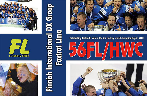 The 56FL/HWC QSL card with Finland flag, the hockey team and people celebrating